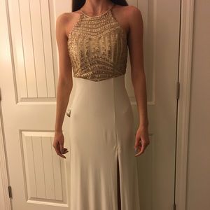 White and Gold Halter Prom Dress